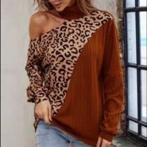 SHEIN Curve 1XL Leopard Print Brown Cut Out Drop Shoulder Top Sweater Woman’s